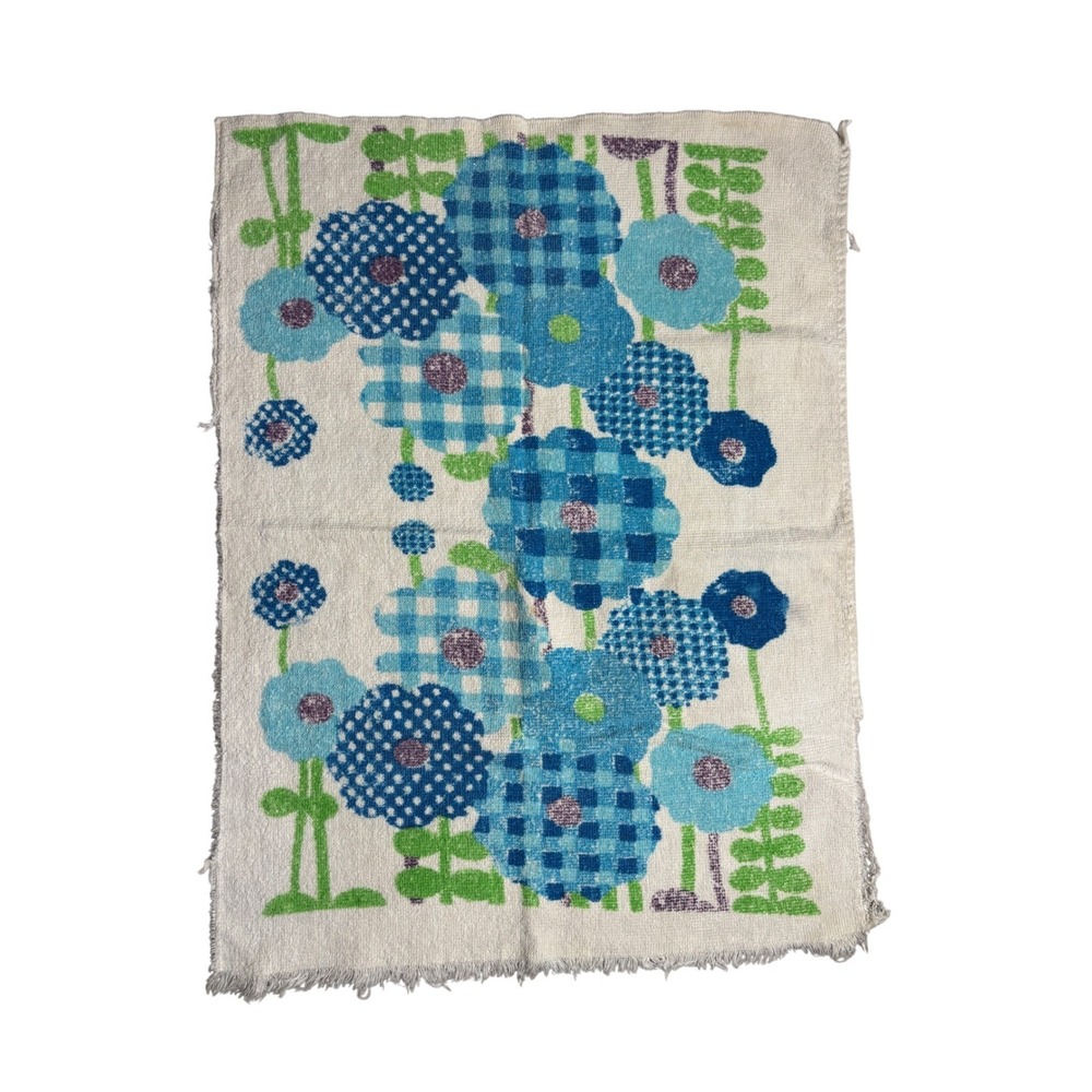 Vintage 70s Floral Hand Towel Blue Gingham Polka Dot Cotton Made in USA Retro